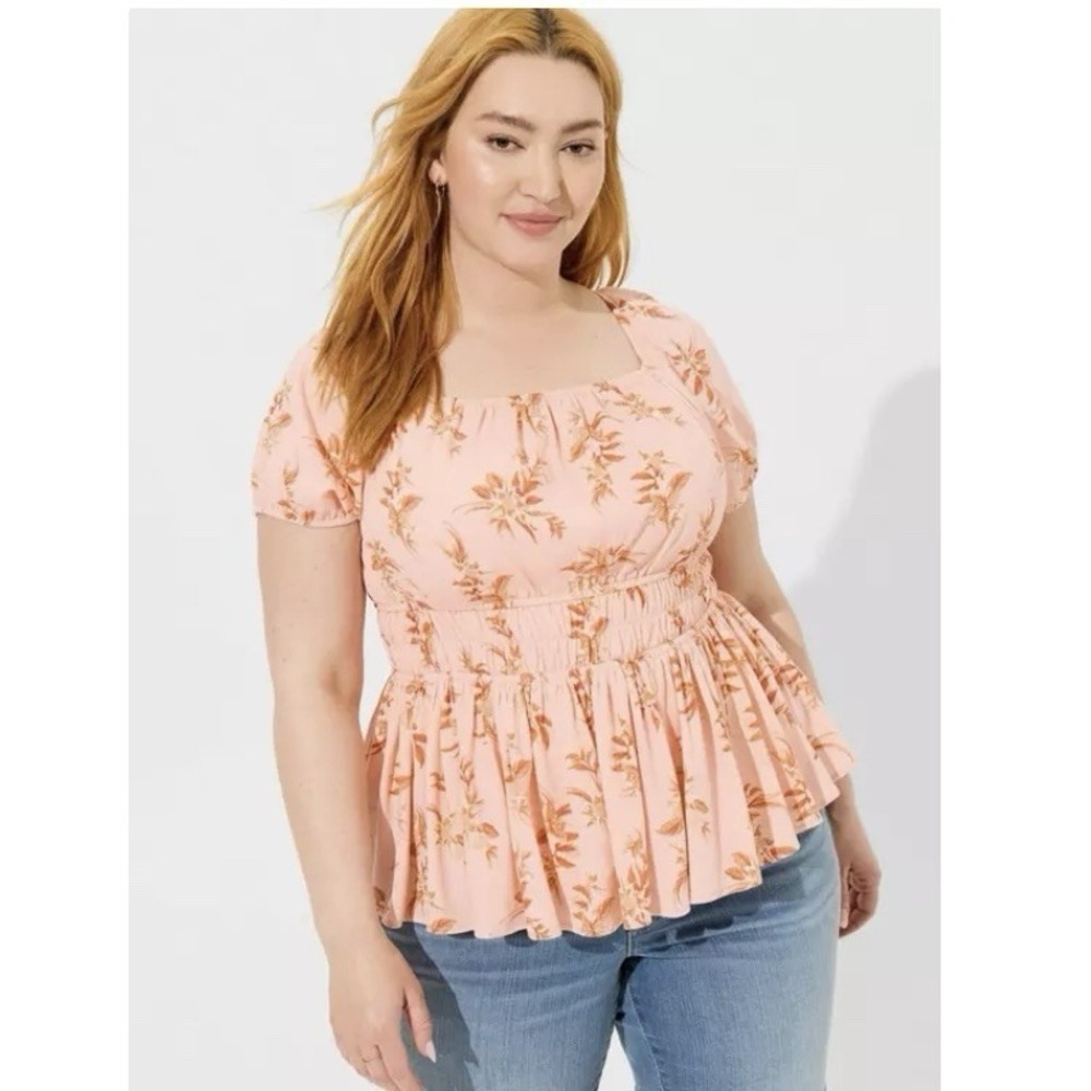 Torrid Peach Floral Washable Crinkle Gauze Criss‎ Cross Back Top Size 2X